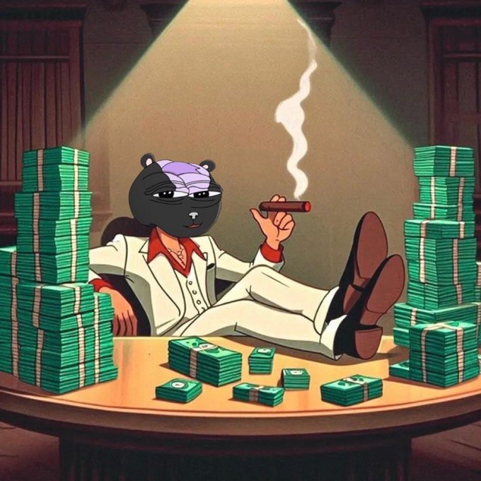 An animated cartoon of a black panther character wearing a white suit and smoking a cigar, surrounded by stacks of cash.