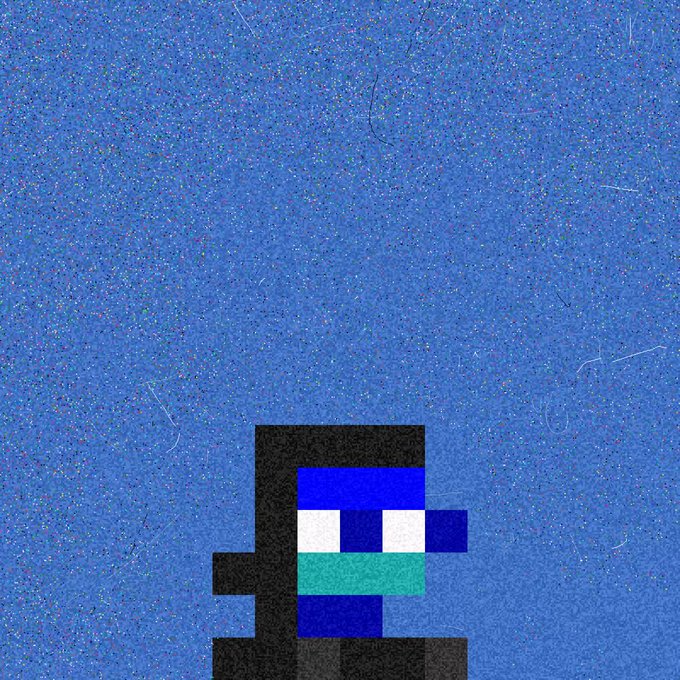 A small pixel-art character with a blue cap, white face, and teal body is positioned at the bottom of a textured blue background, embodying the "aRt" theme by transforming basic geometric pixels into a minimalist artistic composition.