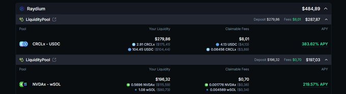 Screenshot of Raydium LiquidityPool showing balances including CRCLx-USDC at 383.62% APY and NVDax-wSOL at 219.57% APY.