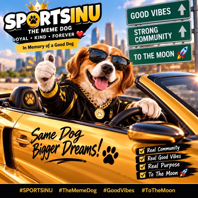 A meme-style promotional image for 'SPORTSINU THE MEME DOG' featuring a dog in sunglasses and gold chains driving a gold convertible, with slogans 'Same Dog Bigger Dreams!' and 'TO THE MOON'.