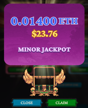 A "Minor Jackpot" reward screen displays 0.01400 ETH ($23.76) won from a Jackpot Chest in Tollan Universe, aligning with the post celebrating a minor win from completing weekly quests in the Web3 game.