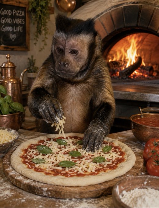 A capuchin monkey is shown making a pizza by sprinkling cheese onto a dough topped with tomato sauce and basil leaves, with a wood-fired oven and a sign reading 'GOOD PIZZA GOOD VIBES GOOD LIFE' visible in the background.