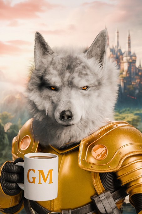 A digital illustration of a wolf wearing golden armor, holding a white mug labeled 'GM', with a fantasy castle visible in the background.