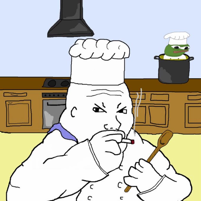 An angry chef smokes a cigarette while holding a wooden spoon in a kitchen, with a Pepe the Frog wearing a chef's hat boiling in a pot on the counter behind him—visually reinforcing the post's "WHAT'S COOKING IN THE TRENCHES?" phrase by depicting literal kitchen chaos alongside the popular meme frog as a simmering "ingredient."