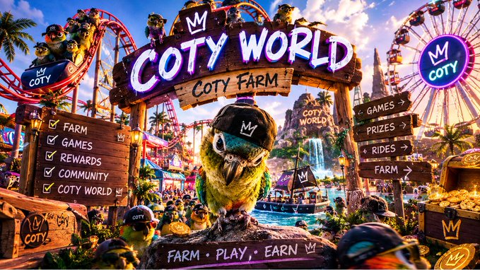 A vibrant promotional image for "Coty World Coty Farm" featuring cartoon birds in caps, a Ferris wheel, roller coaster, and gold coins, with checkmarks for Farm, Games, Rewards, Community, and Coty World.