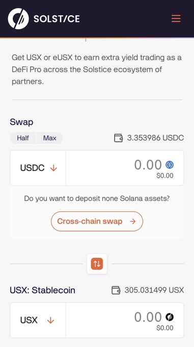 A screenshot of the SOLST/CE swap interface showing a USDC to USX stablecoin swap with 3.35 USDC available and a cross-chain swap option.