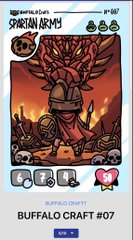 A digital trading card labeled 'SPARTAN ARMY' depicts a red buffalo in a fiery battlefield, titled 'BUFFALO CRAFT #07' at the bottom.