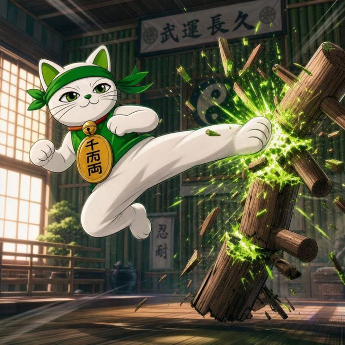 A Maneki (Japanese lucky cat) mascot wearing a green headband delivers a powerful kick, shattering wooden training dummies with glowing green energy inside a dojo. Chinese/Japanese characters appear on a banner at the top reading "武運長久" and on a sign reading "忍耐" (patience), while the cat wears a golden coin reading "千両両" (1000 ryo), visually representing the $MANEKI token's rising momentum on Robinhood.
