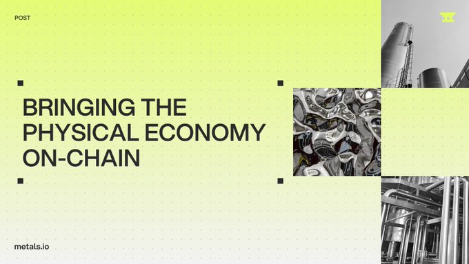 A webpage header with a yellow-green gradient background and black text reading 'BRINGING THE PHYSICAL ECONOMY ON-CHAIN', alongside images of metal pipes and industrial structures for metalis.io.