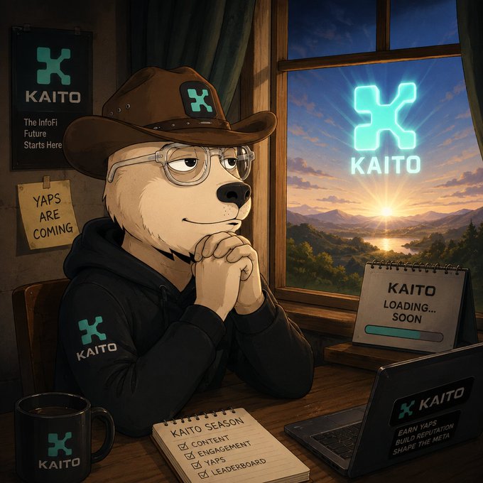 An illustrated promotional image featuring an anthropomorphic dog character wearing a 'KAITO' branded cap, glasses, and hoodie, sitting at a desk with KAITO branding throughout and text including 'The InfoFi Future Starts Here', 'YAPS ARE COMING', 'KAITO LOADING... SOON', and 'EARN YAPS, BUILD REPUTATION, SHAPE THE META'.