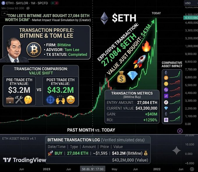 A TradingView $ETH price chart highlights Tom Lee's BitMine purchase of 27,084 ETH ($43M), showing a pre-trade value of $3.2M surging to $43.2M post-trade, with transaction metrics displaying a 1,250% ROI that visually emphasizes the whale's aggressive accumulation amid market volatility.