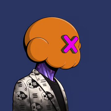 A digital artwork features a character with an orange cartoon-style head bearing a glowing pink "X" on its face, dressed in a black shirt and a patterned blazer with skull motifs against a dark purple background. The stylized avatar and edgy aesthetic visually represent the bold, edgy brand identity of the NFT project @skulrzworld being promoted in the post.