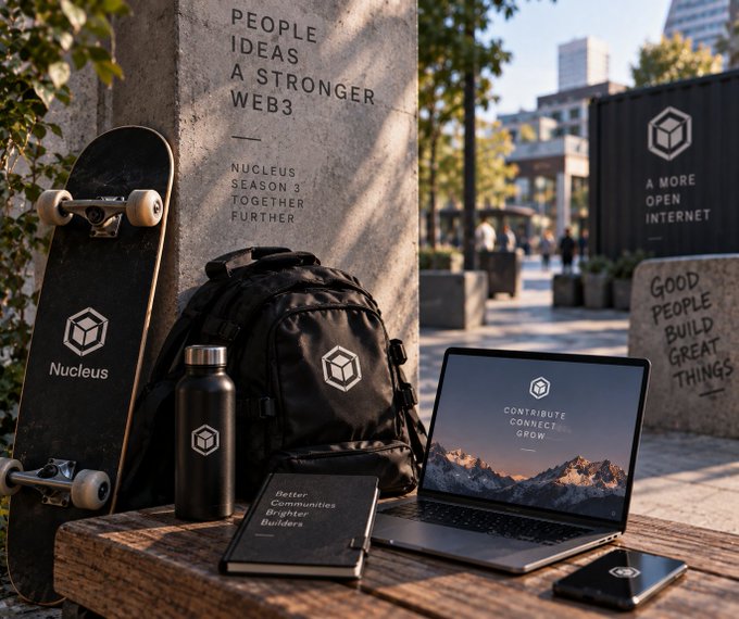 A branded lifestyle display features a skateboard, backpack, water bottle, and laptop all bearing the 'Nucleus' logo, with text promoting 'PEOPLE IDEAS A STRONGER WEB3' and 'A MORE OPEN INTERNET.'