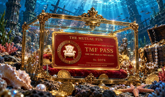 An underwater scene showing a gold-framed display case containing a red 'THE MUTUAL FUN' subscription ticket labeled 'TMF PASS No. 0074', surrounded by pearls, coins, and starfish.