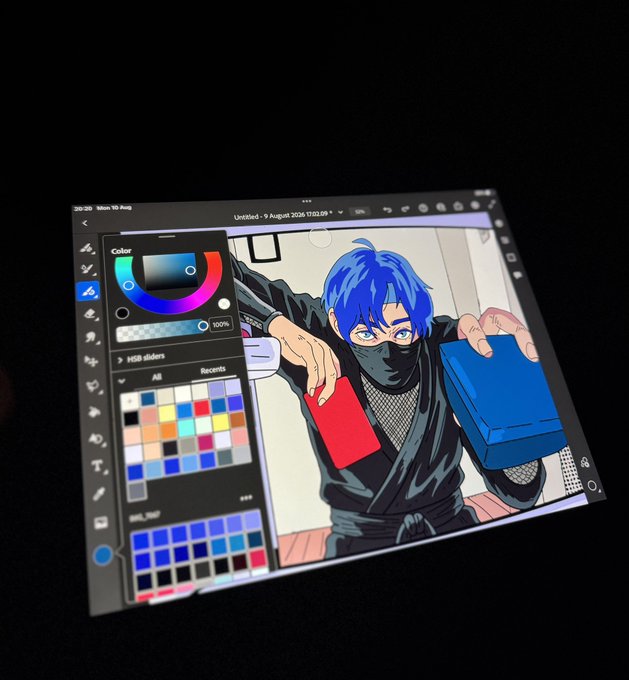 A photo of a screen displaying digital art software (Affinity) with an anime-style character being colored, showing the color picker and palette panels on the left.