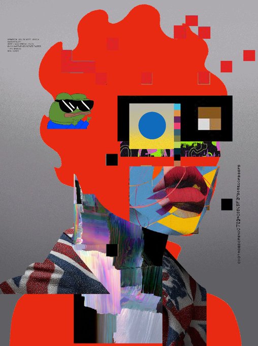 A digital collage portrait of a figure with vivid red hair, glitch-art styling, and a Pepe the Frog wearing sunglasses replacing the eye, accompanied by small text including "PRESTIGE ARRANGEMENTS" and the quote "AND AFRIKA WILL RISE FROM DEATH ITSELF TO A NEW AND HIGHER LIFE." The bold, punk-meets-graphics design mirrors the post's excited tone about collecting another piece by the artist R3ORDR ahead of the "Alignm3nt" event.