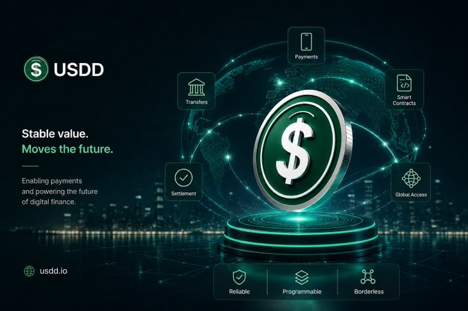 A promotional graphic for USDD (usdd.io) stablecoin with the tagline "Stable value. Moves the future," displaying a 3D dollar coin with features like Payments, Transfers, Smart Contracts, and Global Access.