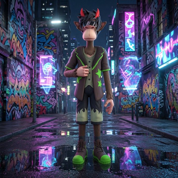 A 3D rendered character with horns and a blindfold wearing a brown jacket and shorts, standing in a cyberpunk-style alleyway with neon lights and graffiti-covered walls.