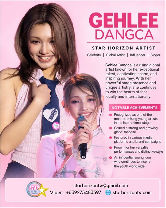 Promotional poster for 'Gehlee Dangca' described as a Star Horizon Artist, Celebrity, Global Artist, Influencer, and Singer, featuring her photo, notable achievements, and contact details including starhorizontv@gmail.com and Viber number.