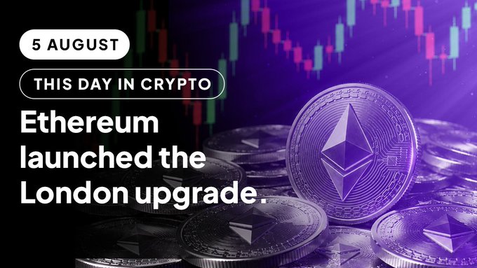 A 'THIS DAY IN CRYPTO' graphic for '5 AUGUST' stating 'Ethereum launched the London upgrade', featuring physical ETH coins against a purple candlestick chart background.