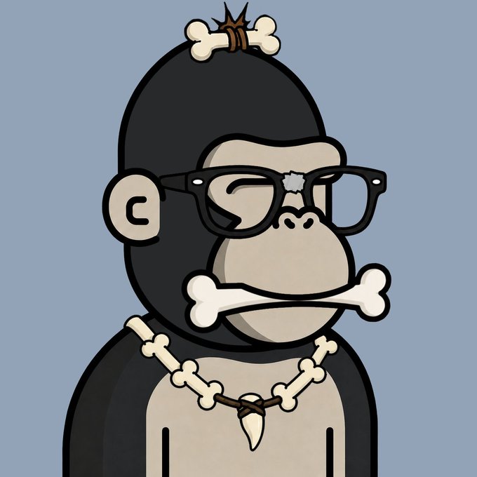 The image features a cartoon monkey wearing glasses, a necklace with bones, and a chain around its neck. The monkey appears to be smiling or posing for the camera. The caption "This one'S cute @ape0nchain" suggests that the monkey is wearing an interesting and unique accessory, possibly a bone-based necklace.