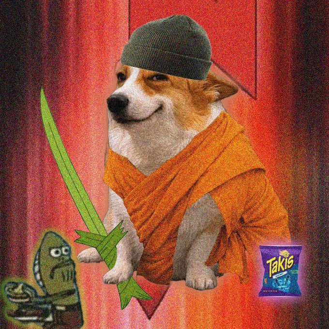 A digitally edited image shows a Corgi dog wearing an orange monk robe and a beanie, holding a green sword, with a Pickle Rick figure and a bag of Takis.
