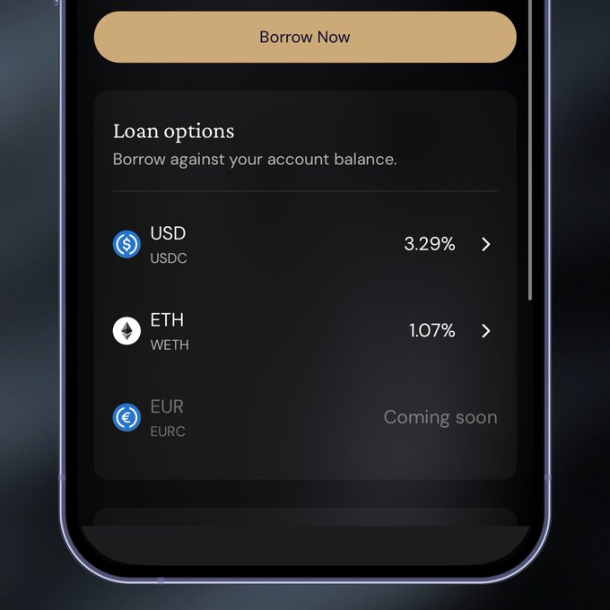 A mobile app interface showing loan options with a 'Borrow Now' button, offering USD (USDC) at 3.29%, ETH (WETH) at 1.07%, and EUR (EURC) marked as 'Coming soon'.