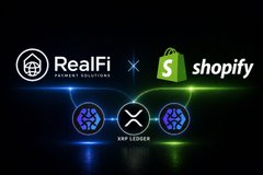 The image features a black background with three logos displayed side by side. The first logo represents Realfi, an online marketplace for real estate. The second logo represents Shopify, a platform for e-commerce businesses. The third logo represents XPLC ledger, a cryptocurrency exchange. These logos are arranged in a triangular formation on the dark background.