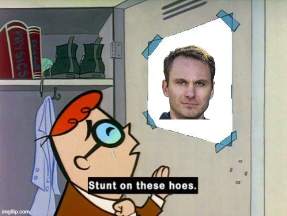 The caption: Dexter from *Dexter's Laboratory* stares admiringly at a photo taped to his closet, captioned "Stunt on these hoes." Tweeted alongside a post about Tether minting 1,000,000,000 $USDT (1,000,100,000 USD) at Tether Treasury, the meme likens Tether's massive stablecoin issuance to Dexter proudly showing off a picture of his longtime friend (and voice actor) Christine Cavanaugh's replacement—a bold flex from the Tether Treasury.