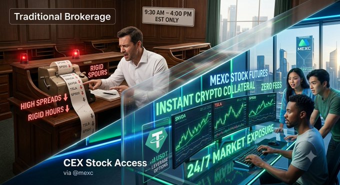 A promotional graphic comparing 'Traditional Brokerage' (featuring a stressed man with a ticker machine, high spreads, rigid hours, 9:30 AM-4:00 PM EST only) versus modern 'MEXC' trading with instant crypto collateral, zero fees, and 24/7 market exposure via @mexc.