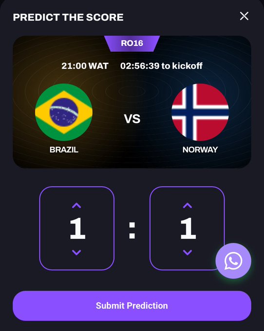 A mobile app screenshot showing a 'PREDICT THE SCORE' feature for a Round of 16 match between Brazil and Norway at 21:00 WAT, with both teams predicted to score 1-1.