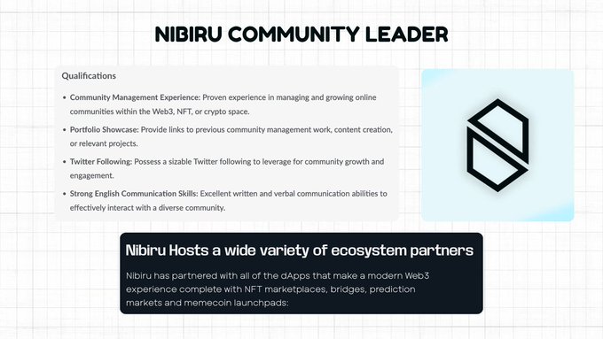 A job listing graphic for "NIBIRU COMMUNITY LEADER" detailing qualifications like Web3/NFT community management experience and strong English communication skills, alongside a note that "Nibiru has partnered with all of the dApps that make a modern Web3 experience complete with NFT marketplaces, bridges, prediction markets and memecoin launchpads," which supports the post advertising a remote, freelance community leadership role for NFT and memecoin niches.