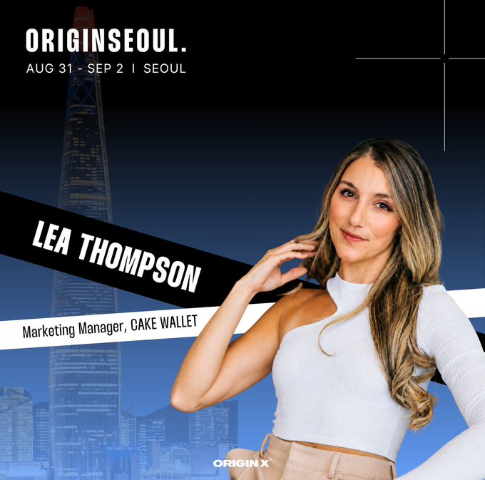 A promotional graphic for "ORIGINSEOUL" (Aug 31 - Sep 2) featuring Lea Thompson, Marketing Manager at Cake Wallet, shown posing in a white top against a Seoul cityscape backdrop, supporting the post's announcement of her participation at the Bitcoin-focused event.