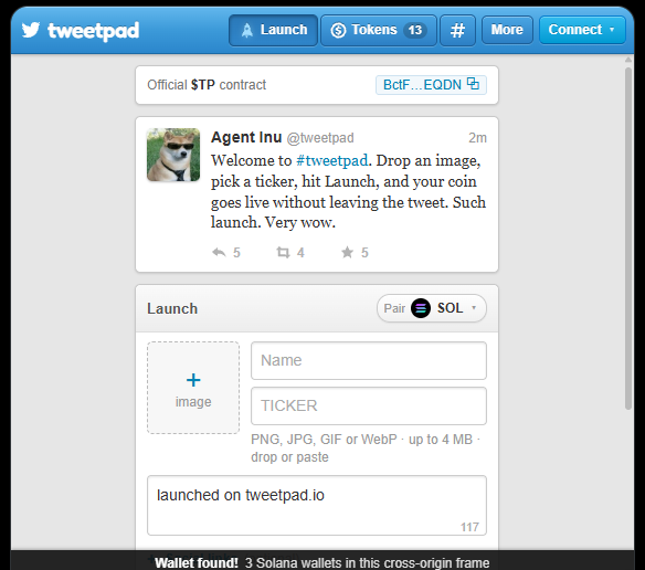 A screenshot of the Tweetpad website interface showing an official '$TP' contract with the ticker 'BctF__EQDN' and a launch pad using 'SOL' as the paired currency.