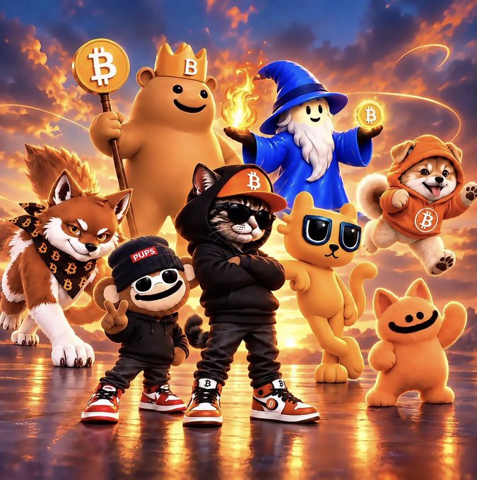 A vibrant, cartoonish illustration featuring various mascot characters including a cat in sunglasses and a bear, all themed around Bitcoin with BTC logos and orange/red color schemes.