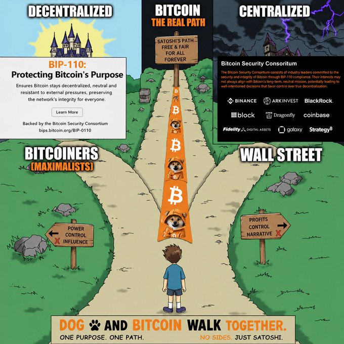 Infographic titled "DOG AND BITCOIN WALK TOGETHER" depicting a cartoon child at a three-way fork in a path labeled "DECENTRALIZED," "BITCOIN THE REAL PATH," and "CENTRALIZED," with logos for entities like BlackRock, Coinbase, and Binance listed under the centralized side.
