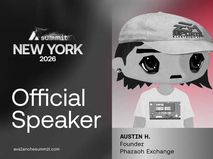 A promotional graphic for 'Summit New York 2026' names 'AUSTIN H.' as an 'Official Speaker' with the title 'Founder' of 'Pharaoh Exchange,' featuring a cartoon avatar.