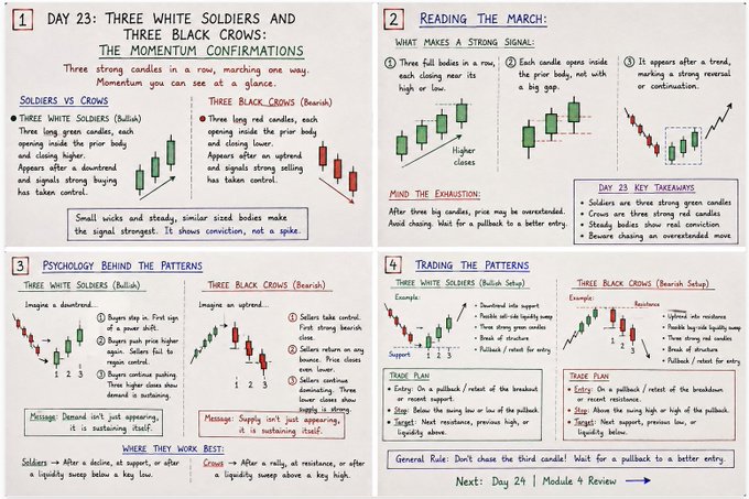 Day 23 of a Chart Patterns Mastery Course covering the bullish Three White Soldiers and bearish Three Black Crows candlestick patterns, with sections on momentum confirmations, reading the patterns, exhaustion signals, and trading plans including a note about "Day 23 key takeaways" and a "Next: Day 24 | Module 4 Review."