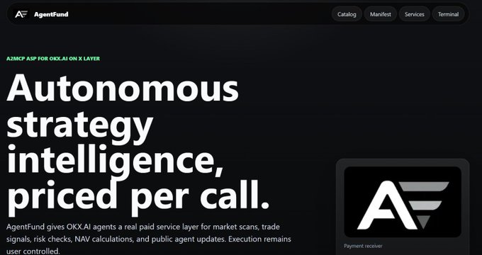 Promotional website for 'AgentFund' describing itself as 'A2MCP A2P FOR OKX.AI ON X LAYER' with the tagline 'Autonomous strategy intelligence, priced per call,' offering OKX.AI agents a paid service layer for market scans, trade signals, risk checks, NAV calculations, and public agent updates.