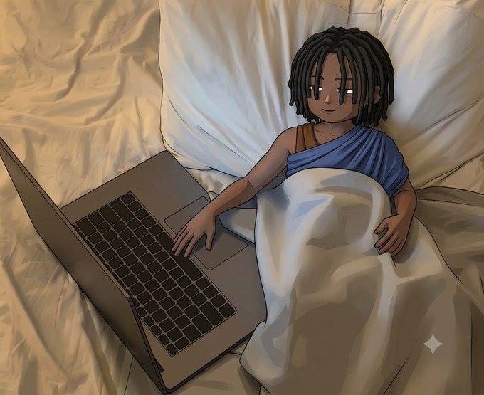 Digital illustration of a dark-skinned character with dreadlocks lying in bed under white sheets, using a laptop.