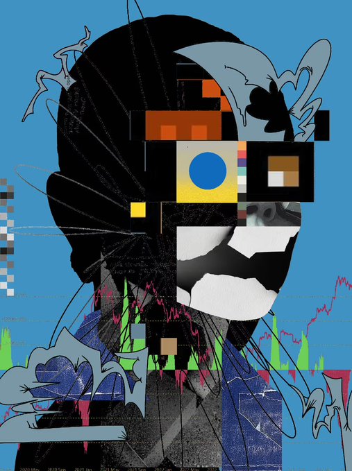 An abstract digital collage featuring a dark silhouette of a head overlaid with colorful geometric shapes, financial chart lines, and pixelated data patterns against a bright blue background.