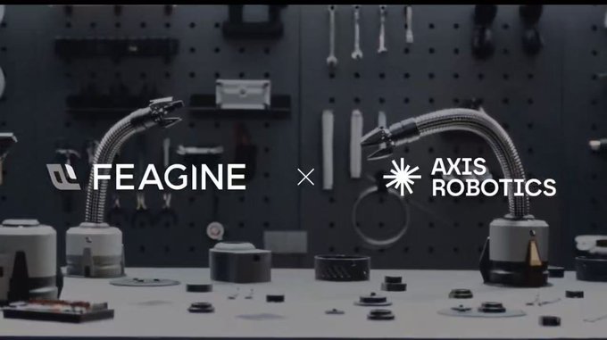 A promotional image showing 'FEAGINE × AXIS ROBOTICS' collaboration text overlaid on a background of robotic equipment and tools.
