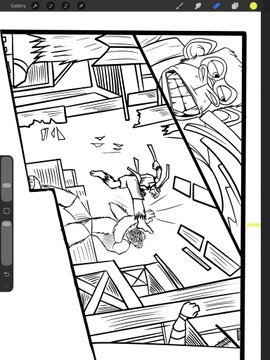 A digital drawing app interface shows a black and white line art illustration in progress, depicting a person falling backward near a large, monstrous creature.
