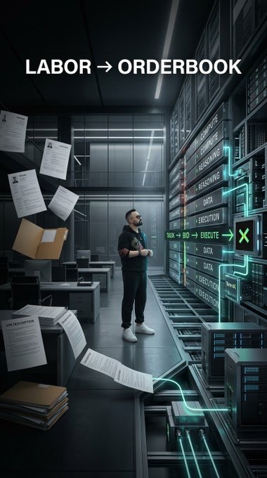 A man stands in a dark server room filled with documents, looking at server racks displaying order book data with the title "LABOR → ORDERBOOK" at the top.