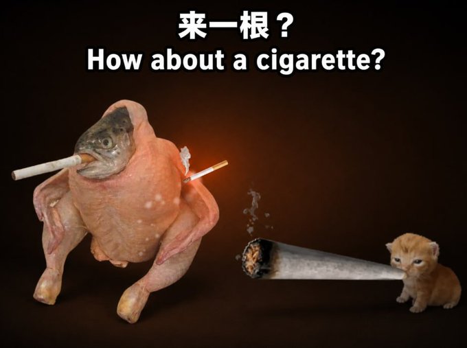 A plucked chicken with a cigarette offers "How about a cigarette?" to a tiny orange kitten, which appears to be exhaling a massive plume of smoke, humorously visualizes the "Cat version: Come get some Huazi" meme about a small-cap crypto token being pumped to over 10M market cap on Solana.
