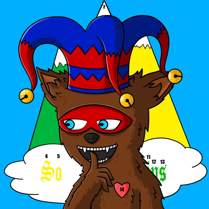 A colorful cartoon illustration of a brown bear-like creature wearing a jester hat and a red mask, with numbers and dollar signs drawn around it on a blue background.
