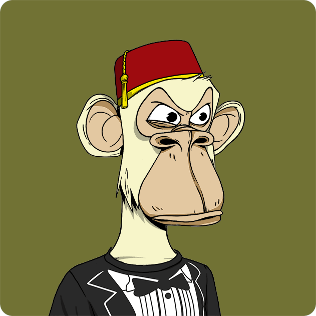 A cartoon illustration of a Bored Ape-style monkey with an angry expression, wearing a red fez hat with a yellow tassel and a black tuxedo with a bow tie, set against an olive green background.