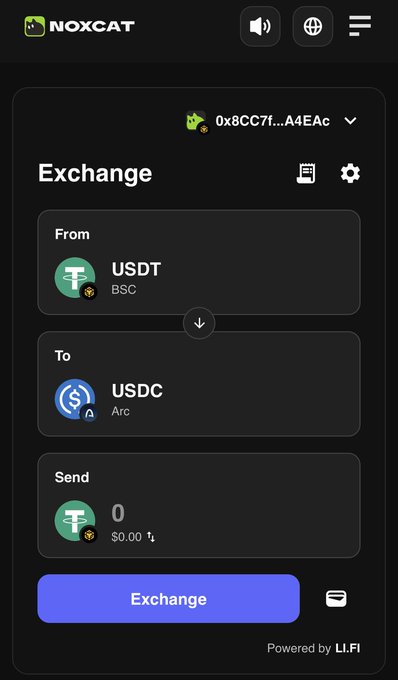 The NOXCAT app interface displays an exchange function for swapping 'USDT' on BSC to 'USDC' on Arc, powered by LI.FI.