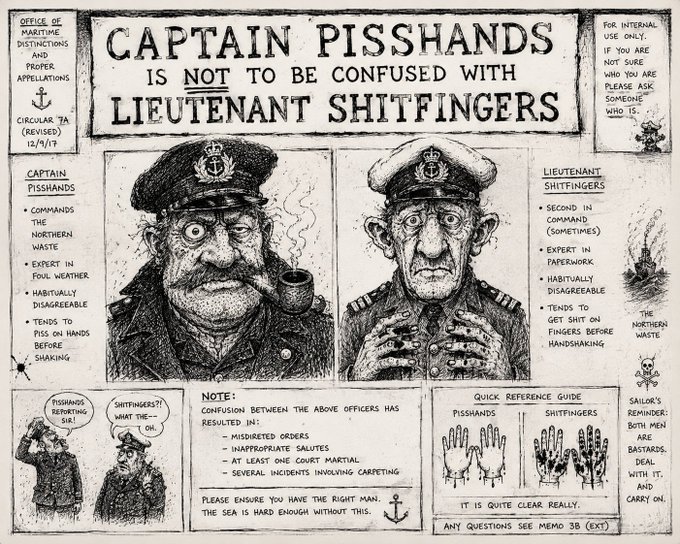 A black and white illustrated naval memo titled 'CAPTAIN PISSHANDS IS NOT TO BE CONFUSED WITH LIEUTENANT SHITFINGERS,' detailing the distinct and crude habits of the two officers, complete with character portraits and a hand reference guide.