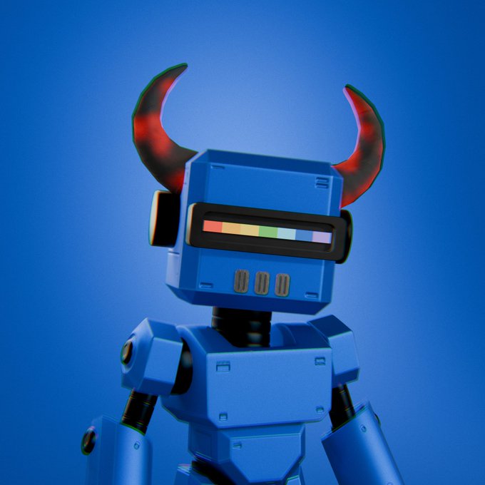 A 3D-rendered blue robot figure with two red-and-black devil horns and a colorful horizontal screen for a face, set against a solid blue background.